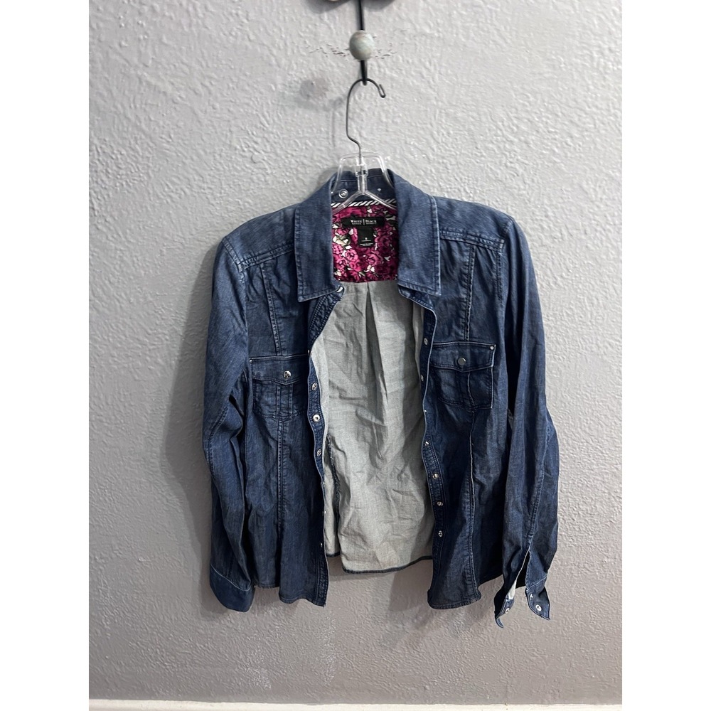 White House Black Market Blue Denim Button-Up Shirt with Pink Trim